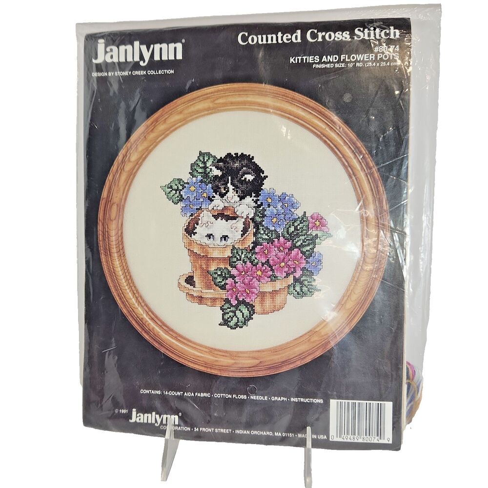 Janlynn Kitties & Flower Pots Cross Stitch Kit 80-74  10 x 10 NEW Cat Kitten VTG